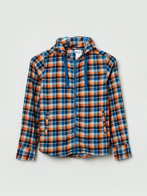

max Boys Orange & Blue Regular Fit Checked Casual Hooded Shirt