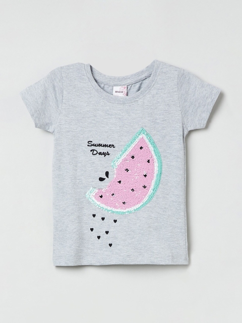 

max Girls Grey Sequined Round Neck T-shirt