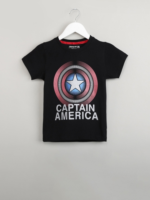 max Boys Black Captain America Printed Round Neck T-shirt