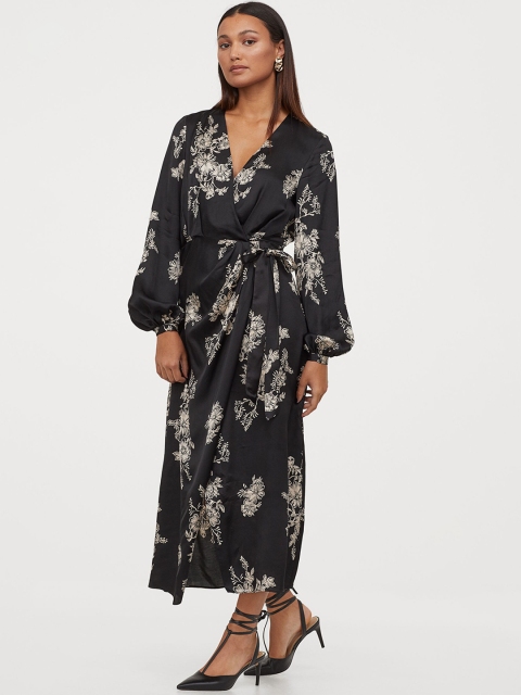 

H&M Women Black Printed Draped Wrap Dress