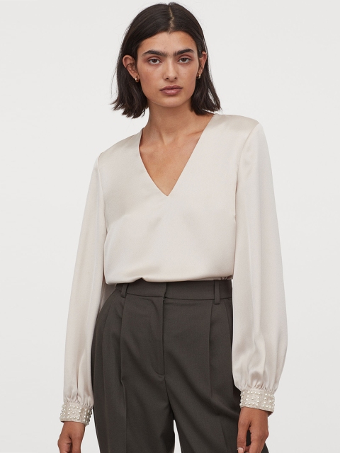 H&M Women Beige Beaded-Detail Satin Blouse