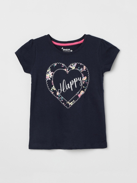 

max Girls Navy Blue Printed Round Neck T-shirt