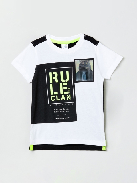 

max Boys White & Black Printed Round Neck T-shirt