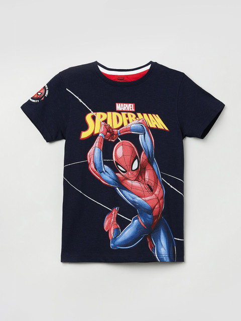 

max Boys Navy Blue Spiderman Printed Round Neck T-shirt