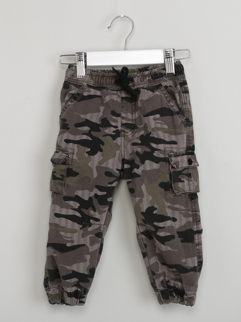 

max Boys Grey & Black Camouflage Printed Slim-Fit Joggers