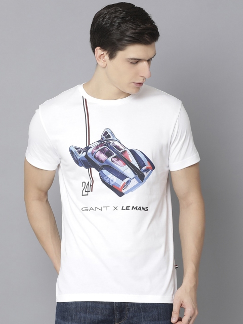 

GANT Men White & Blue Printed Round Neck T-shirt