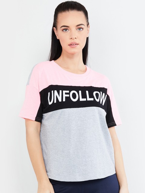 

max Women Grey Melange Colourblocked Round Neck T-shirt