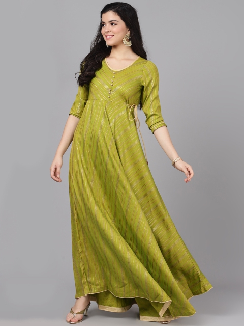 

AKS Couture Women Green & Gold-Toned Striped Maxi Dress