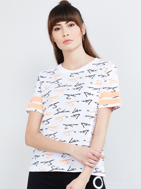 

max Women White & Black Printed Round Neck T-shirt