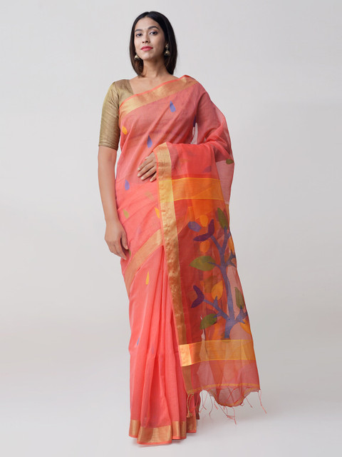 

Unnati Silks Pink & Yellow Silk Cotton Woven Design Jamdani Saree