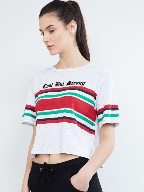 

max Women Grey Melange & Red Striped Crop T-shirt