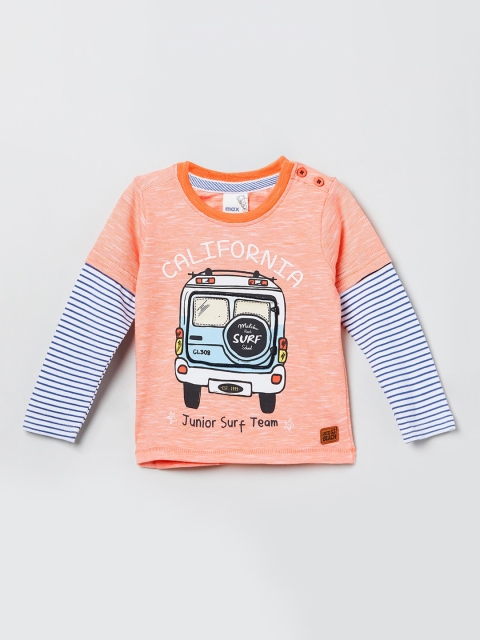 max Boys Coral Pink & Grey Printed Round Neck T-shirt