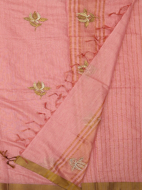 

Pothys Pink & Green Pure Linen Embroidered Saree