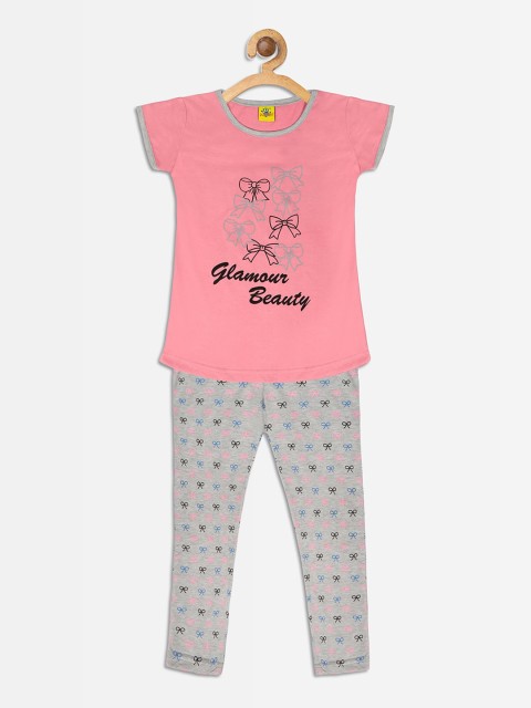 

Punkster Girls Pink & Grey Printed Night suit