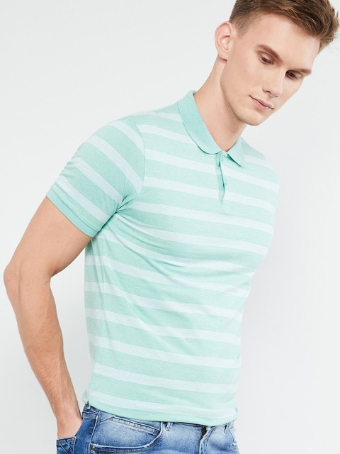 

max Men Green & White Slim Fit Striped Polo Collar T-shirt