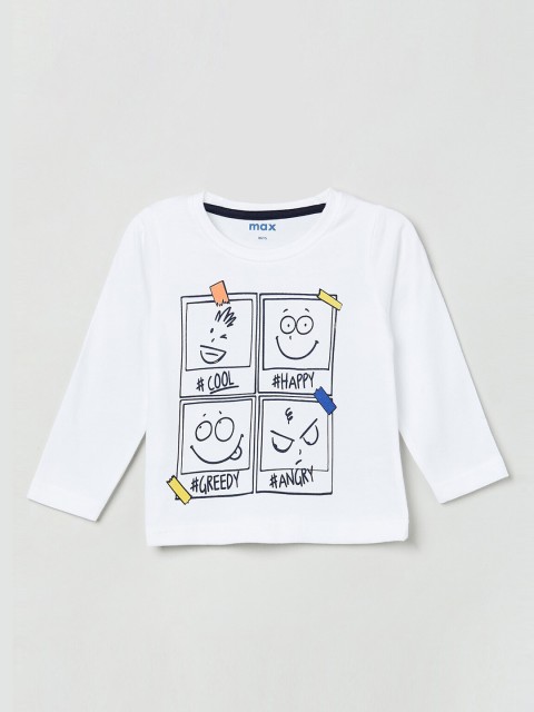 

max Boys White Printed Round Neck T-shirt