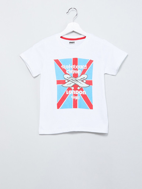 

max Boys White & Turquoise Blue Printed Round Neck T-shirt