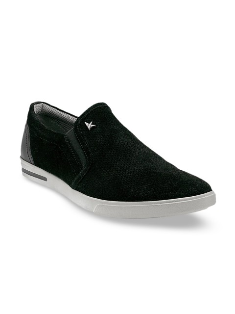 

KETHINI Men Black Textured Leather Mid-Top Slip-On Sneakers