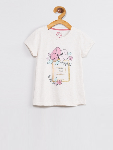 

max Girls Off-White Printed Round Neck T-shirt