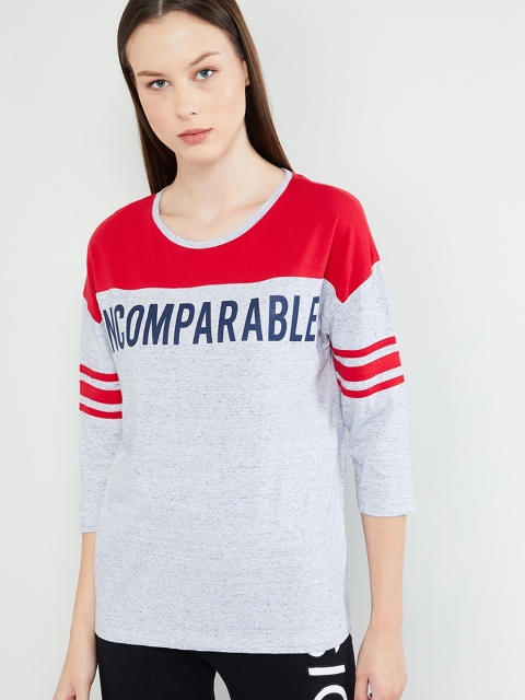 

max Women Grey Melange & Red Colourblocked Round Neck T-shirt