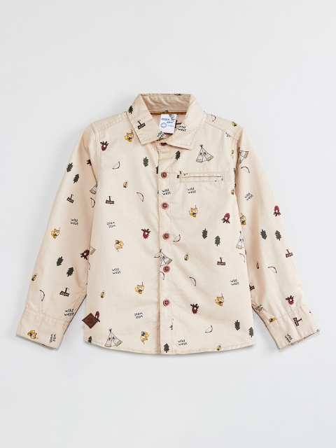 max Boys Beige Regular Fit Printed Casual Shirt
