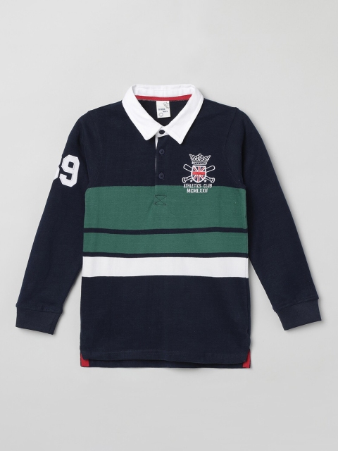 

max Boys Navy Blue & Green Striped Polo Collar T-shirt