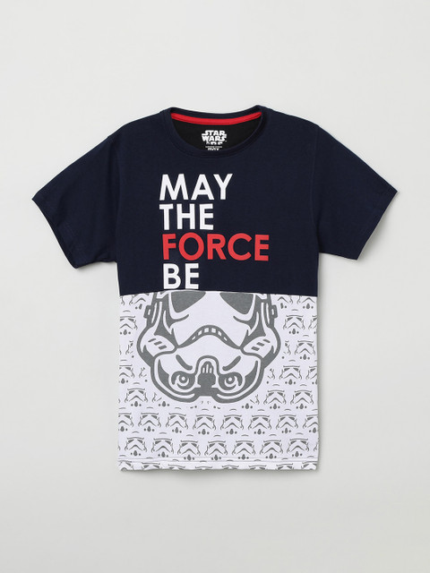 

max Boys Navy Blue & White Printed Round Neck T-shirt
