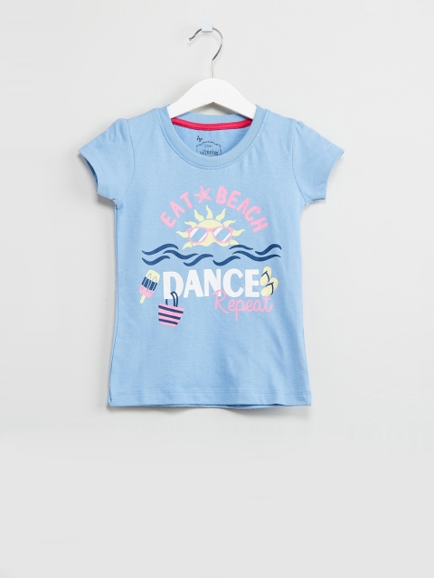 max Girls Blue Printed Round Neck T-shirt
