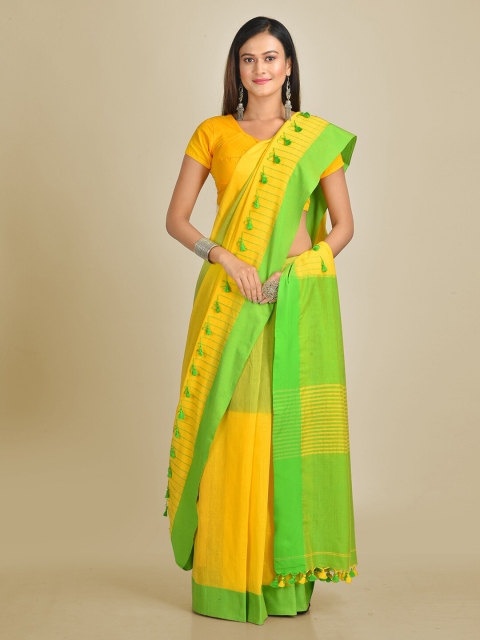 

Mitera Yellow & Green Cotton Blend Solid Taant Handloom Saree