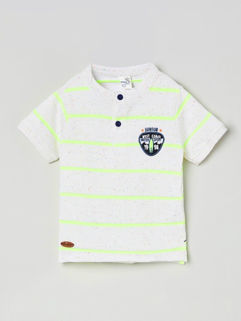 

max Boys White & Fluorescent Green Striped Henley Neck T-shirt