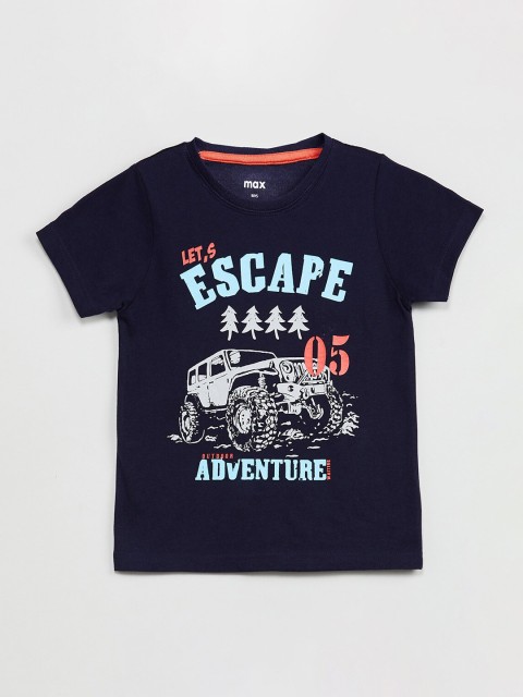 

max Boys Navy Blue Printed Round Neck T-shirt