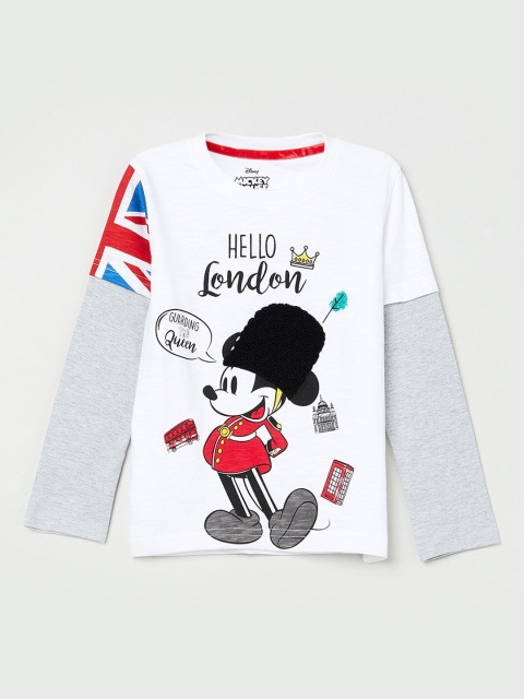 max Boys White & Black Mickey Mouse Printed Round Neck T-shirt