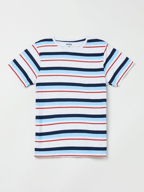 

max Boys White &Blue Striped Round Neck T-shirt