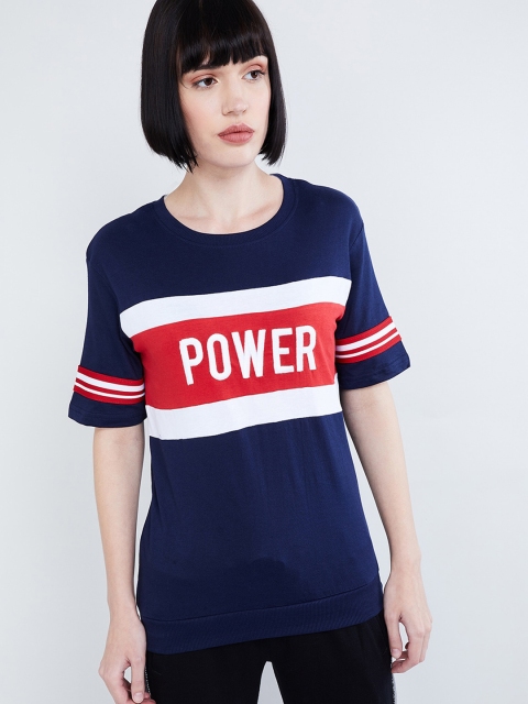 

max Women Navy Blue & Red Colourblocked Round Neck T-shirt