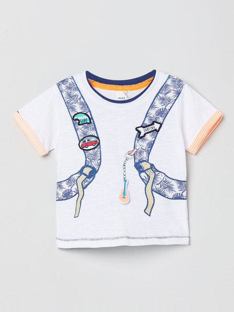 

max Boys White Printed Round Neck Pure Cotton T-shirt