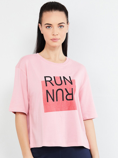 

max Women Rose Pink & Black Printed Round Neck T-shirt