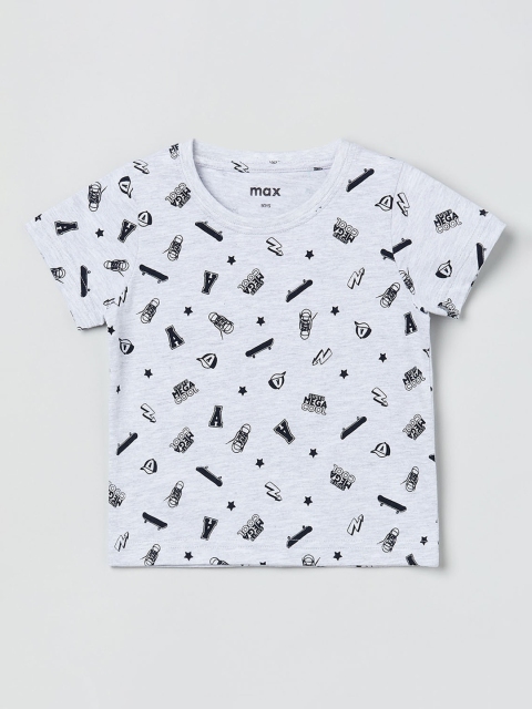 

max Boys White Printed V-Neck T-shirt