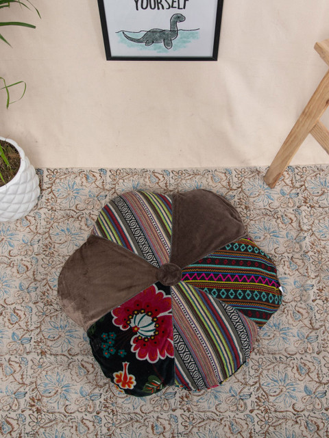 

Tistabene Brown & Black Patchwork Velvet Handloom Flower-Shaped Floor Cushion