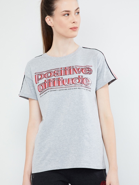 

max Women Grey Melange & Red Printed Round Neck T-shirt