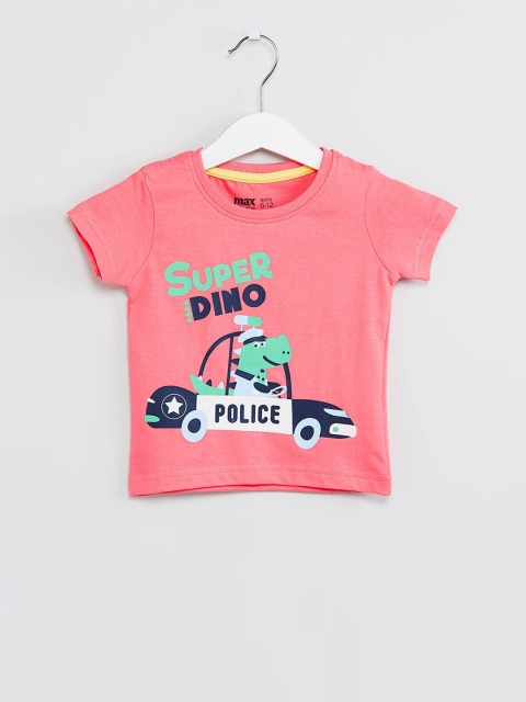 

max Boys Coral Pink Printed Round Neck T-shirt