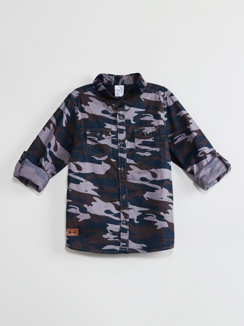 

max Boys Navy Blue & Brown Regular Fit Camo Printed Casual Shirt