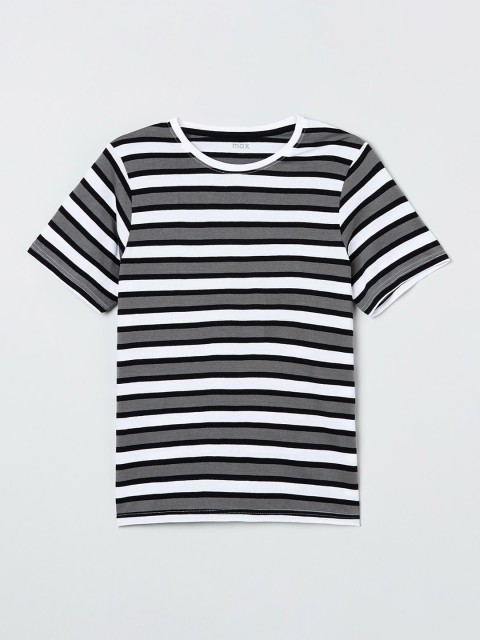 

max Boys Black Striped Round Neck T-shirt