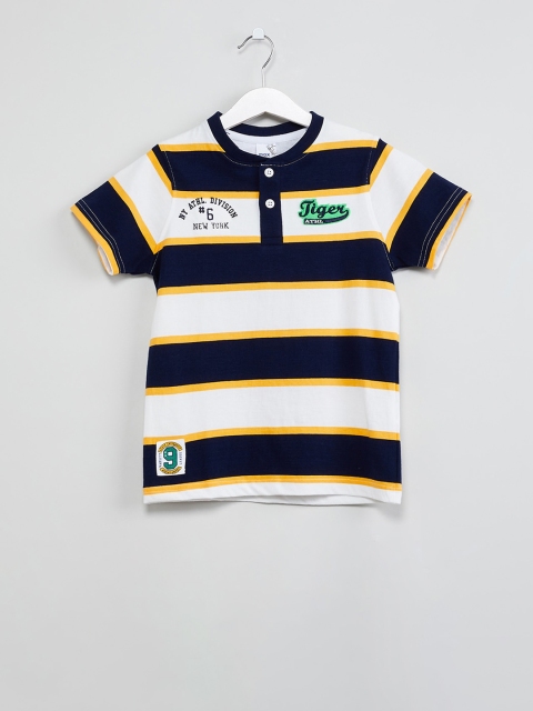 

max Boys White & Black Striped Henley Neck T-shirt