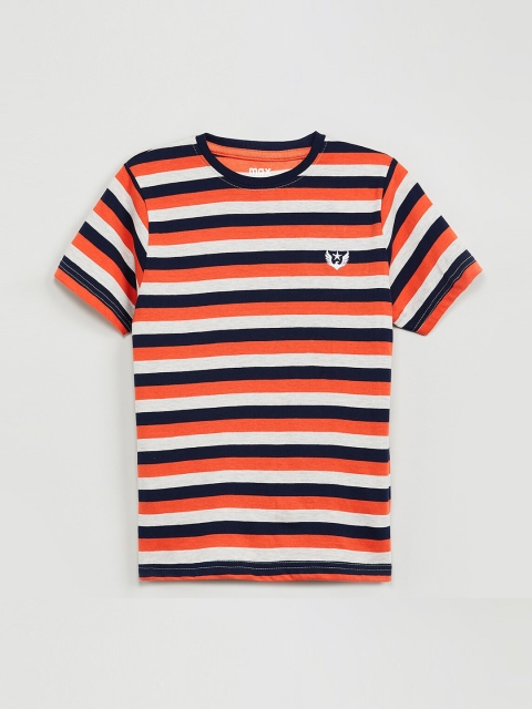 max Boys Navy Blue & Orange Striped Round Neck T-shirt