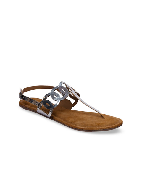 

Inc 5 Women Silver-Toned Solid T-Strap Flats