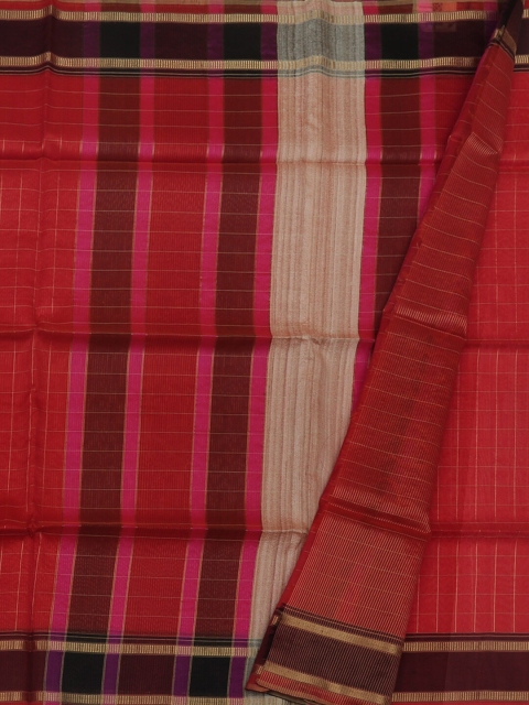 

Pothys Red & Brown Jute Silk Checked Saree