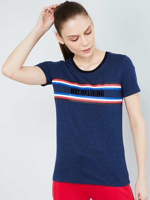 

max Women Navy Blue Striped Round Neck T-shirt