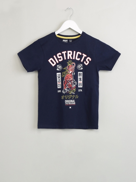 max Boys Navy Blue Printed Round Neck T-shirt