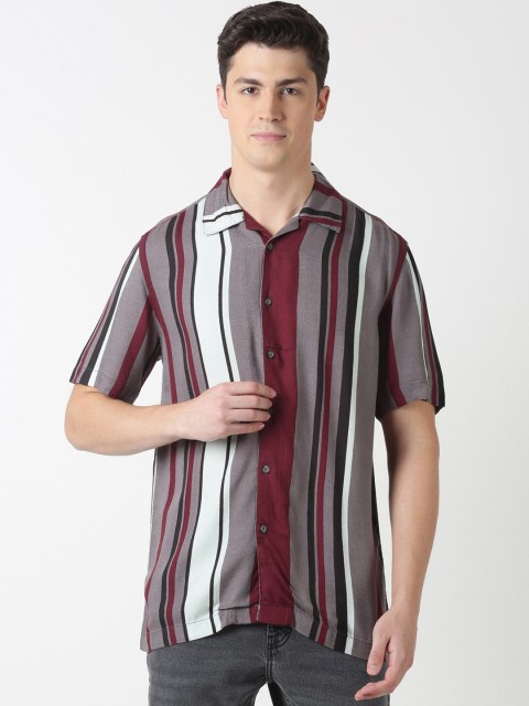 

Blue Saint Men Maroon & Grey Slim Fit Striped Casual Shirt