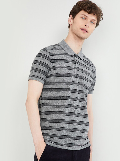 

max Men Black & Grey Slim Fit Striped Polo Collar T-shirt